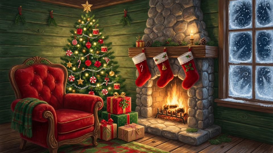 Santa's cozy sitting room: a red armchair by a glowing stone fireplace with stockings, a lit Christmas tree and a snowy window.